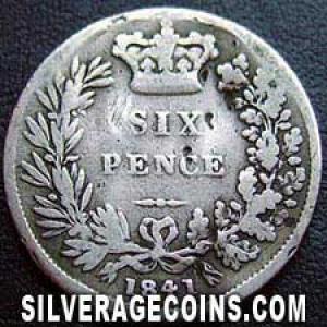 1841 Victoria British Silver "Young Head" Sixpence (Reverse)