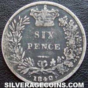 1842 Victoria British Silver "Young Head" Sixpence (Reverse)