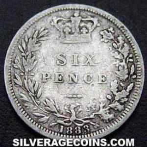1883 Victoria British Silver "Young Head" Sixpence (Reverse)