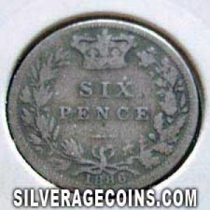 1886 Victoria British Silver "Young Head" Sixpence (Reverse)