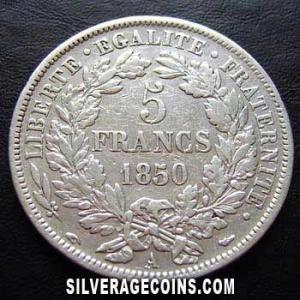 1850 A French Silver 5 Francs (Second Republic, Liberty head) (Reverse)