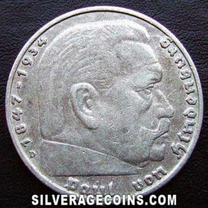 1936 D German Third Reich Silver 5 Reichsmarks (Hindenburg) (Obverse)