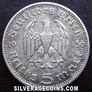 1936 D German Third Reich Silver 5 Reichsmarks (Hindenburg) (Reverse)
