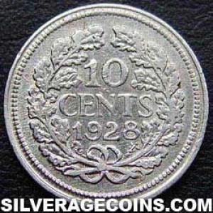 10 Céntimos de Plata Neerlandeses de Guillermina I 1928 (Reverso)