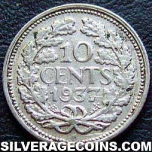 10 Céntimos de Plata Neerlandeses de Guillermina I 1937 (Reverso)