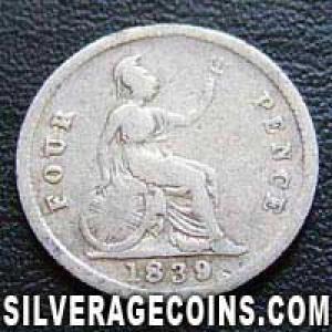 1839 Victoria British Silver "Young Head" Fourpence (Groat) (Reverse)