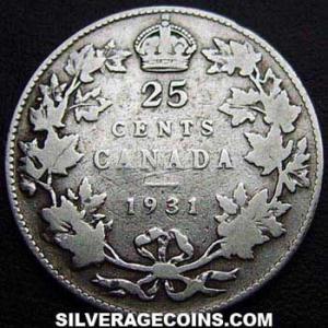 25 Céntimos de Plata Canadienses de Jorge V 1931 (Reverso)
