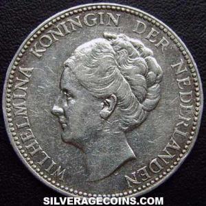 1922 Wilhelmina I Dutch Silver Guilder (Obverse)