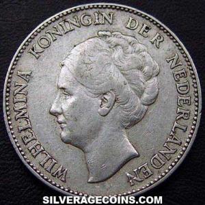 1929 Wilhelmina I Dutch Silver Guilder (Obverse)