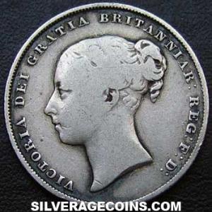 1857 Victoria British Silver "Young Head" Shilling (Obverse)