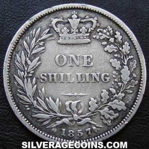 1857 Victoria British Silver "Young Head" Shilling (Reverse)