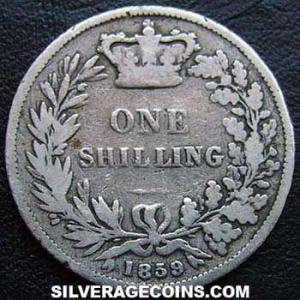 1859 Victoria British Silver "Young Head" Shilling (Reverse)