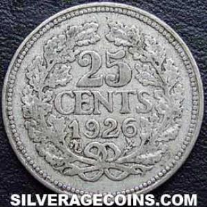 1926 Wilhelmina I Dutch Silver 25 Cents (Reverse)