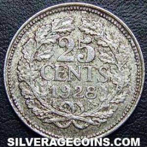 1928 Wilhelmina I Dutch Silver 25 Cents (Reverse)