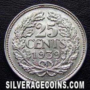 1939 Wilhelmina I Dutch Silver 25 Cents (Reverse)