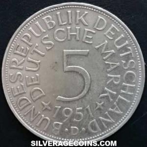 1951 D German Federal Republic Silver 5 Marks (Reverse)