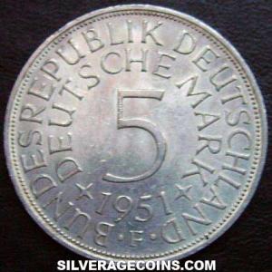 1951 F German Federal Republic Silver 5 Marks (Reverse)