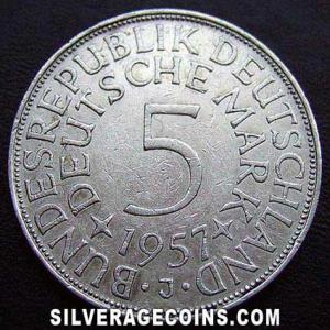 1957 J German Federal Republic Silver 5 Marks (Reverse)