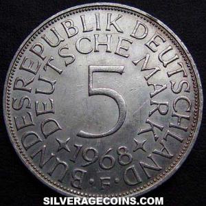 1968 F German Federal Republic Silver 5 Marks (Reverse)