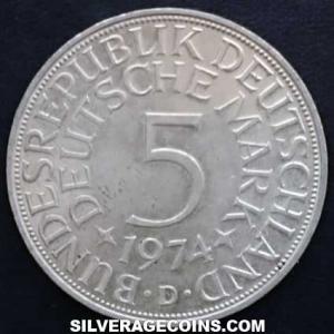 1974 D German Federal Republic Silver 5 Marks (Reverse)