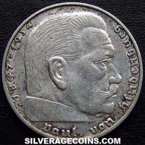 1938 G German Third Reich Silver 2 Reichsmarks (Obverse)