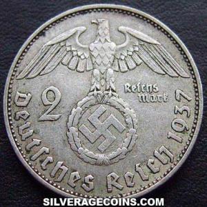 2 Reichsmarks de Plata del Tercer Reich Alemán 1937 A (Reverso)