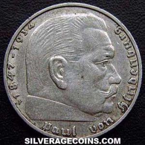 1938 F German Third Reich Silver 2 Reichsmarks (Obverse)
