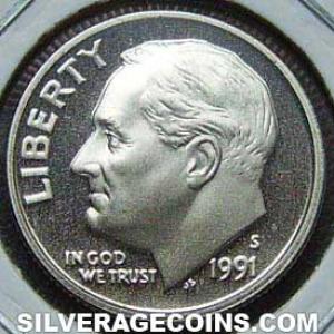 1991 S Proof United States "Roosevelt Dime" 10 Cents (Obverse)