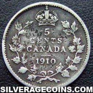 1910 pointed leaves Edward VII Canadian Silver 5 cents (Reverse)
