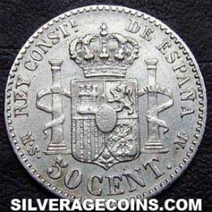 1885 (86) MS-M Alfonso XII Spanish Silver 50 Cents (Reverse)