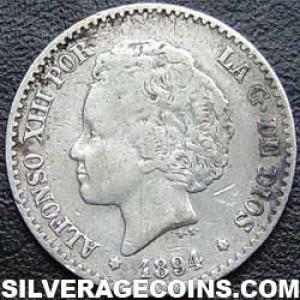 1894 (94) PG-V Alfonso XIII "Bucles" Spanish Silver 50 Cents (Obverse)