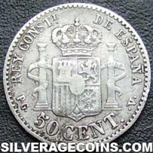 1894 (94) PG-V Alfonso XIII "Bucles" Spanish Silver 50 Cents (Reverse)