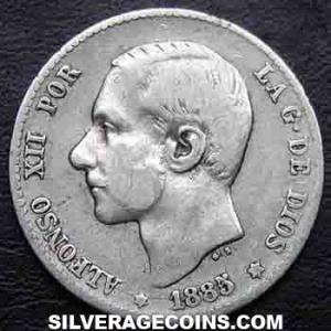 1885 (85) MS-M Alfonso XII Spanish Silver Peseta (Obverse)