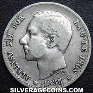 1885 (86) MS-M Alfonso XII Spanish Silver Peseta (Obverse)