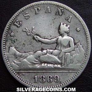 1869 (69) SN-M Provisional Government Spanish Silver 2 Pesetas (Obverse)