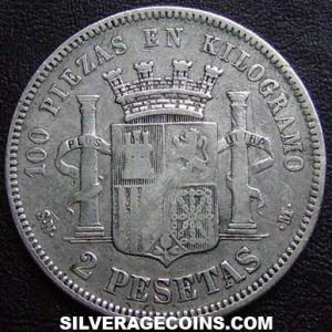 1869 (69) SN-M Provisional Government Spanish Silver 2 Pesetas (Reverse)