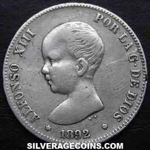 1892 (92) PG-M Alfonso XIII "Pelón" Spanish Silver 2 Pesetas (Obverse)