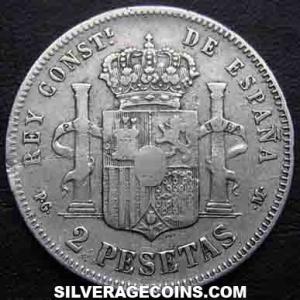 1892 (92) PG-M Alfonso XIII "Pelón" Spanish Silver 2 Pesetas (Reverse)