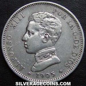 1905 (05) SM-V Alfonso XIII "Cadete" Spanish Silver 2 Pesetas (Obverse)