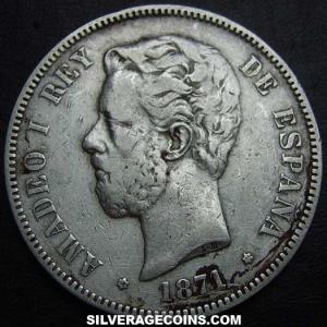 1871 (73) DE-M Amadeo I Spanish Silver 5 Pesetas (Obverse)