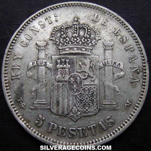 1892 (92) PG-M Alfonso XIII "Bucles" Spanish Silver 5 Pesetas (Reverse)