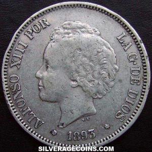 1893 (93) PG-L Alfonso XIII "Bucles" Spanish Silver 5 Pesetas (Obverse)