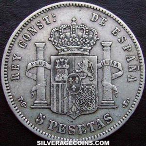 1893 (93) PG-L Alfonso XIII "Bucles" Spanish Silver 5 Pesetas (Reverse)