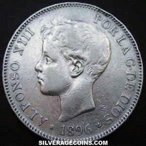 1896 (96) PG-V Alfonso XIII "Rizos" Spanish Silver 5 Pesetas (Obverse)
