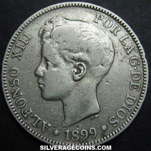 1899 (99) SG-V Alfonso XIII "Rizos" Spanish Silver 5 Pesetas (Obverse)