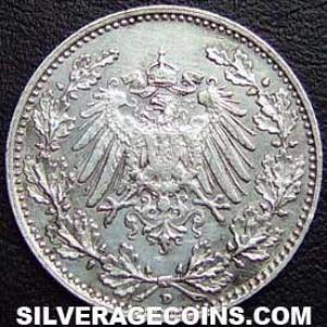 1905 D Wilhelm II German Silver Half Mark (Obverse)
