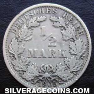 1905 F Wilhelm II German Silver Half Mark (Reverse)