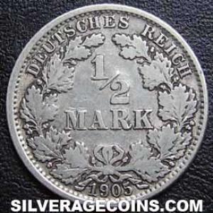 1905 J Wilhelm II German Silver Half Mark (Reverse)
