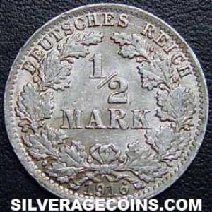1916 A Wilhelm II German Silver Half Mark (Reverse)
