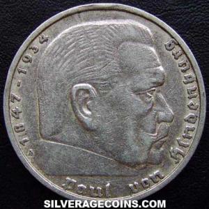 1937 A German Third Reich Silver 5 Reichsmarks (Hindenburg) (Obverse)